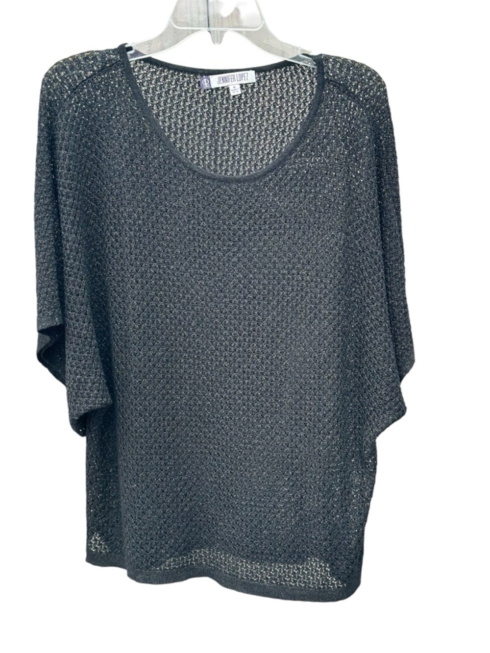 Jennifer Lopez Black Open-Knit Scoop Neck Dolman Top- Shimmer- Medium- Oversized